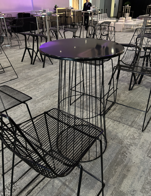 Black wire stools and black wire cocktail table for cocktail event